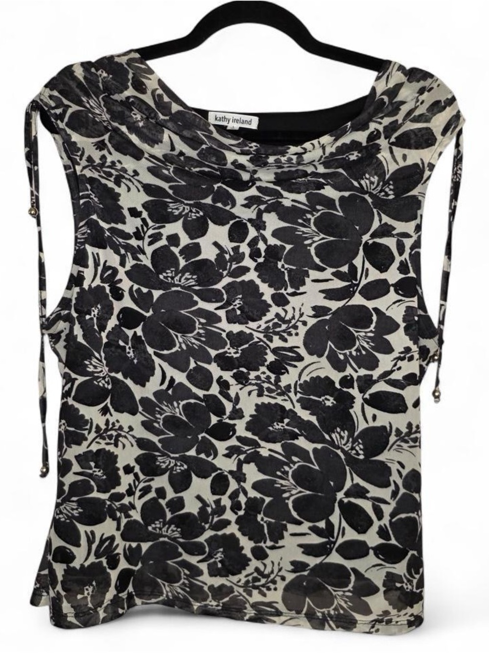 Kathy Ireland Y2K Floral Sleeveless Top Black White Shoulder Ties Large